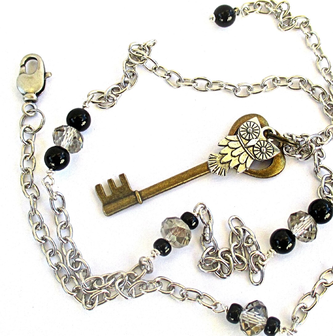 Silver Owl Bronze Key Necklace With black Diamond Etsy