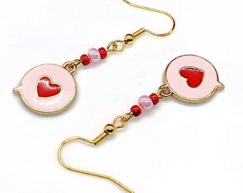 Tiny Heart Charm Earrings, Dainty Red Pink Enamel Charm Jewelry for Valentine's Day, Girlfriend Sweetheart Gift, Gold Hooks or Posts, 2in