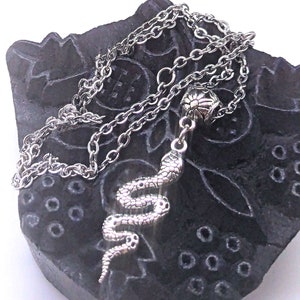 Snake Pendant Necklace with Silver Tone Snake Charm and Chain, Reptile Lover Jewelry, Serpent Gift for Halloween, Adjustable 21-25in
