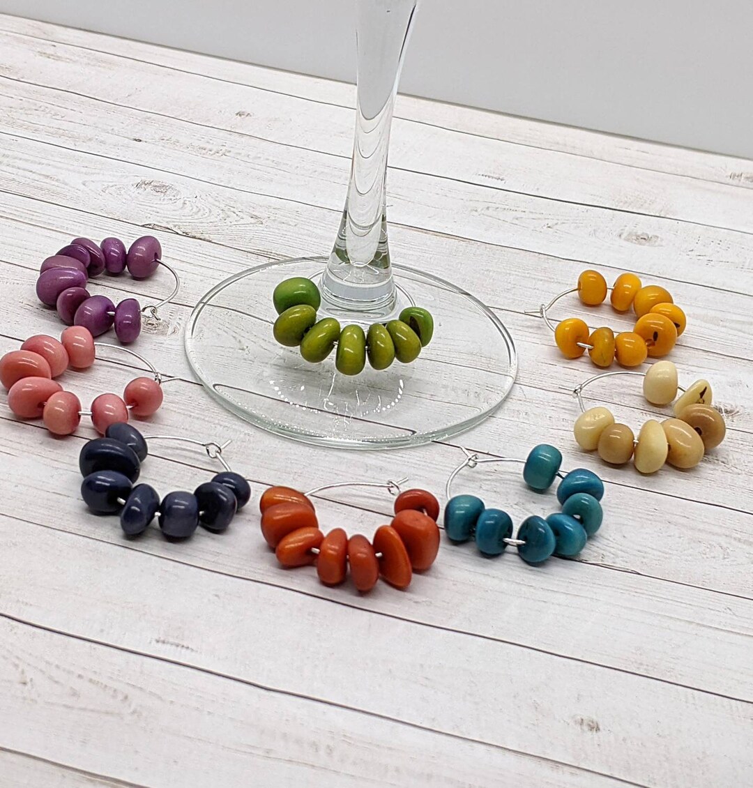 Tagua Wine Glass Charms, Stemware Hoops, Silver Drink Identifier Rings