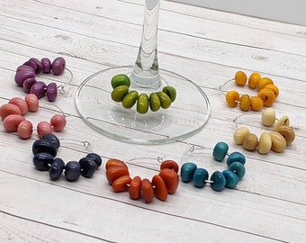 Tagua Wine Glass Charms, Stemware Hoops, Silver Drink Identifier Rings Markers, Tagua Nut Bead Holiday Party Accessories, Hostess Gift