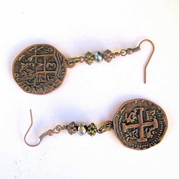 Copper Coin Crystal Earrings, Boho Bohemian Style, Ancient Roman Rustic Metal Cross Jewelry, 2-3/4in