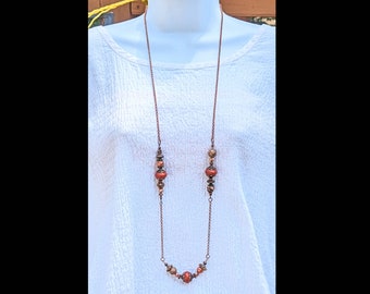 Rust Copper Boho Necklace, Long Reddish Brown Necklace with Copper Chain and Large Beads, Bohemian Style, Can be shortened on request, 42in