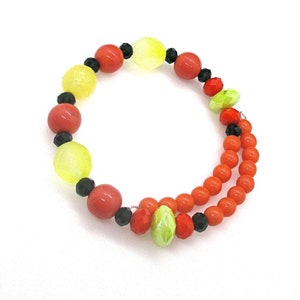 Orange Yellow Green Bracelet, Colorful Festive Jewelry, Crystal and Glass Single Coil Wrap, adjusts to fit wrists measuring 7 to 8-1/2in