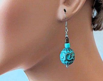 Turquoise Matte Gold Earrings with Stainless Steel Hooks, Glass and Hematite Bead Jewelry, Boho Bohemian Style Earrings for Her, 2in