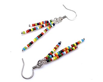 Rainbow Colors Triple Dangle Earrings, Seed Bead Jewelry, Rainbow Bead Earrings, Pride Jewelry, Stainless Steel Hooks, 2-1/4in