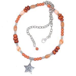 Orange Leo Zodiac Necklace, Tagua Nut Bead Silver Pendant Jewelry, July August Birthday Sun Star Sign Lion Astrology Gift for Her, 22-26in