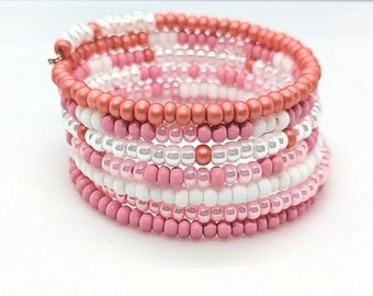 Pink White Multistrand Bracelet on Memory Wire with Glass Seed Beads, 7 Coil Wrap, Spring Summer Pretty in Pink Jewelry, One Size Fits Most