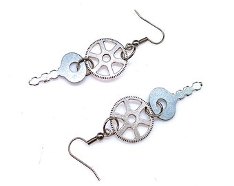 Steampunk Gear Earrings with Silver Tone Key Charms and Stainless Steel Hooks, Steampunk Style Jewelry, Funky Trendy Metal Earrings, 2-3/4in