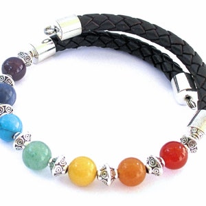 Chakra Bracelet for Meditation & Healing – Braided Black Leather Yoga Jewelry with Silver, 7 Chakra Stones – Spiritual Gift for Him or Her