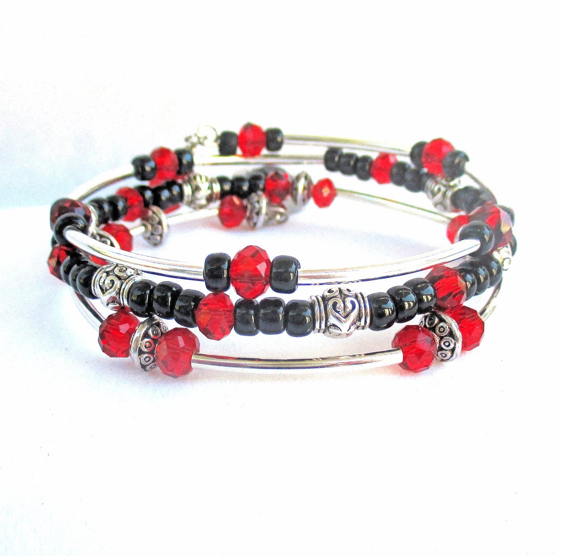 Red and Black Bracelet With Silver Accents Unique Handcrafted Etsy