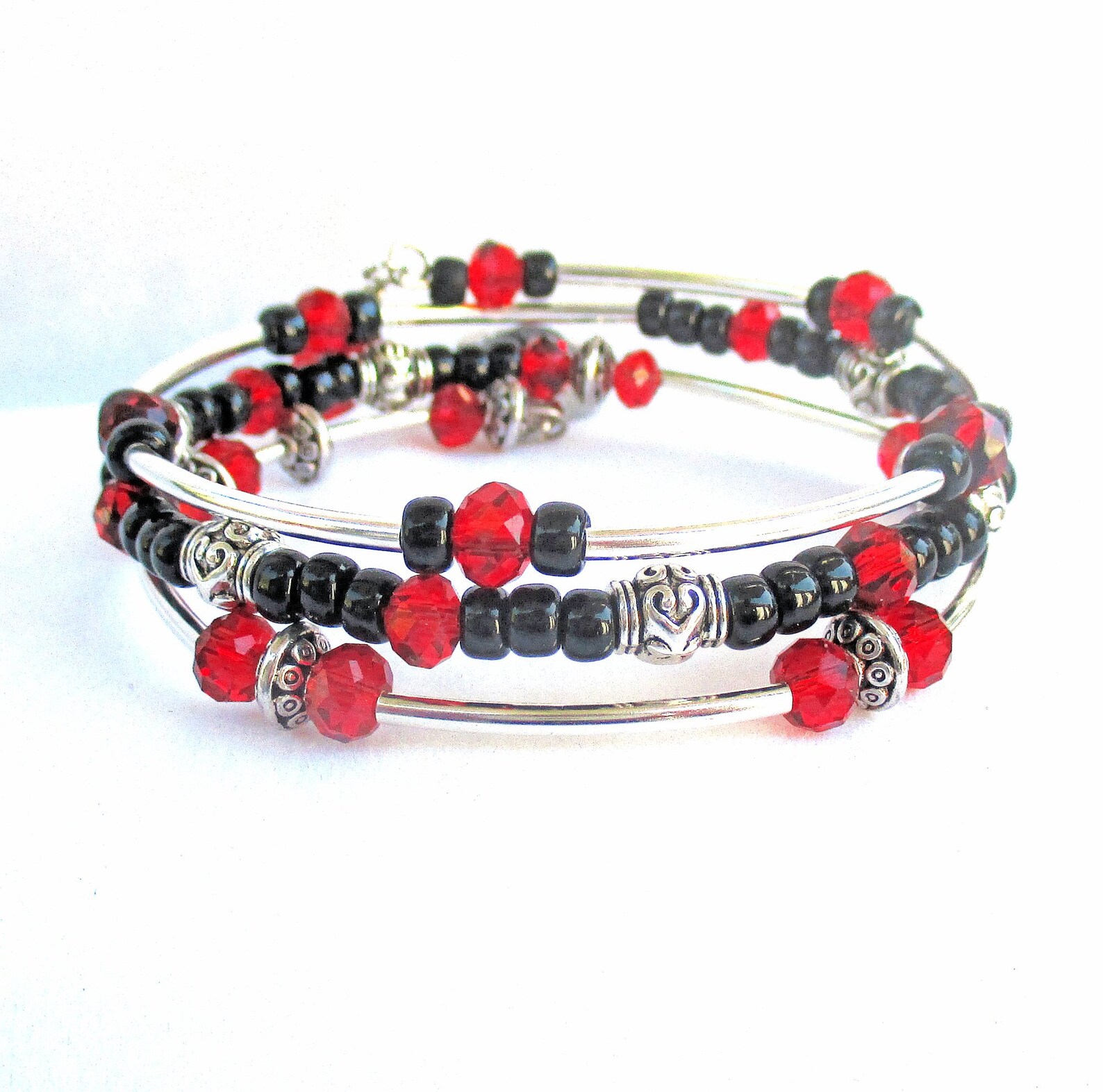Red and Black Bracelet With Silver Accents Unique Handcrafted Etsy