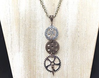 Steampunk Gears Necklace with Silver and Bronze Chain // Steampunk Mixed Metal Copper Silver Jewelry, Custom length up to 31in