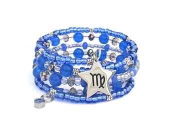 Virgo Zodiac Coil Bracelet with Blue Sapphire Jade, Gemstone Astrology Sun Sign Jewelry, August September Birthday, One Size Fits Most