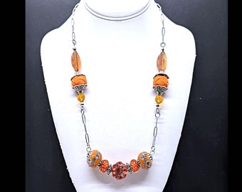Orange Big Bead Necklace in Boho Style with Silver Tone Chain, Lampwork Glass and Fabric Covered Beads, Glittery Statement Jewelry, 17-23in