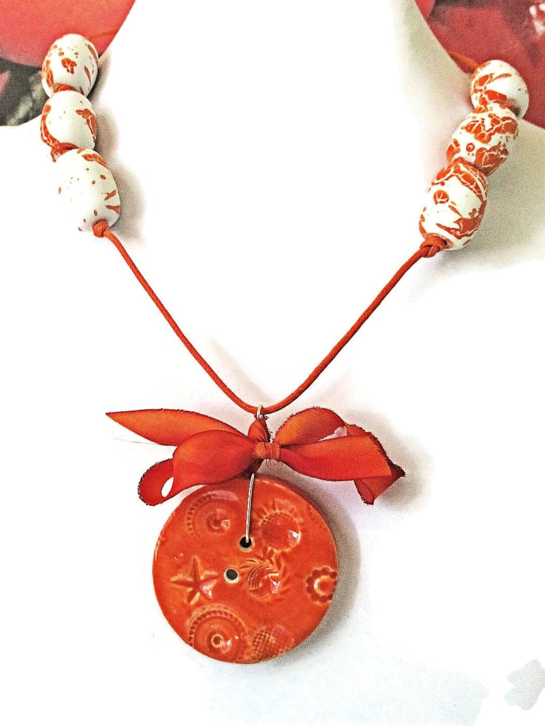 Button Pendant Necklace, Button Jewelry, Orange White