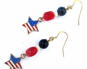 Patriotic Star Charm Earrings, July 4 American Flag Red White Blue Earrings, Stars and Stripes USA Memorial Veterans Day Jewelry, 2-1/4in