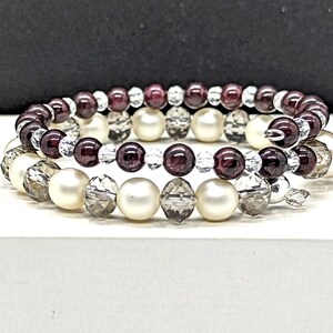 Garnet Gemstone Bracelet Stack with Faux Pearls Black Crystals and Quartz, Double Strand Memory Wire Coil Wrap, Best Fit 6-3/4 to 8in