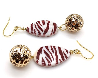 Striped Animal Print Earrings with Caged Crystals on 14K Gold Hooks, Maroon Striped Acrylic Lightweight Boho Chic Flirty Earrings, 3in