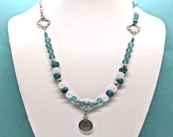 Pisces Fish Zodiac Necklace with Charm Pendant, Turquoise Quartz Faux Sea Glass Tagua Nut Rhinestone Astrology Jewelry, 21 to 25-1/2in