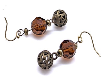 Brown Glass and Bronze Bead Earrings on Antiqued Bronze Brass Hooks, Boho Chic Rustic Earrings, Bohemian Style Jewelry, Brass Earrings, 2in