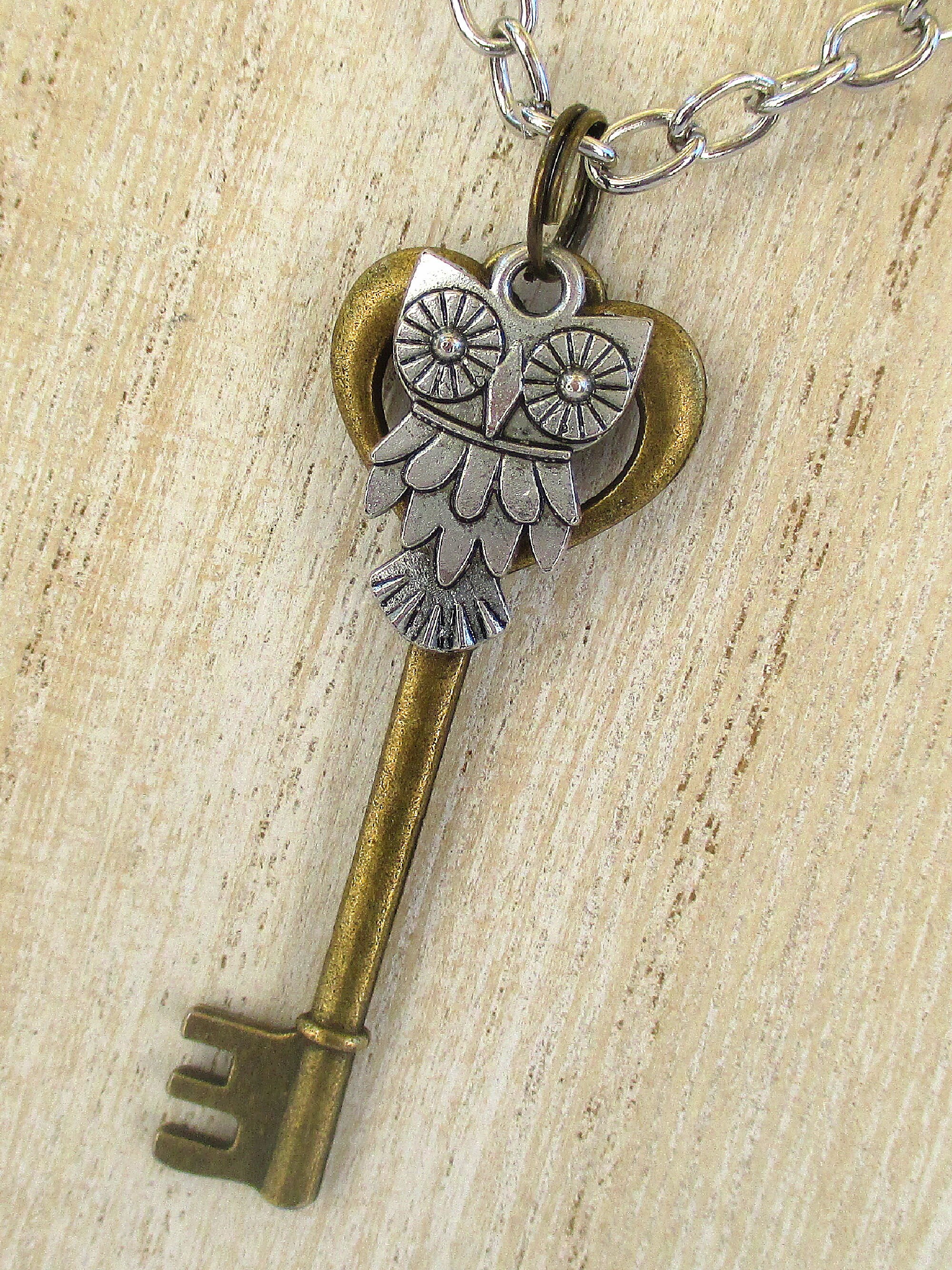 Silver Owl Bronze Key Necklace With black Diamond Etsy