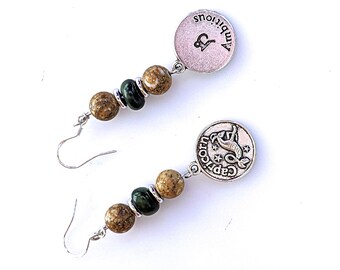 Capricorn Zodiac Charm Earrings with Stone and Tagua Nut Beads, Unique December January Birthday Sea Goat Astrology Jewelry, 2-1/2in