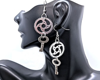 Silver Steampunk Earrings with Gear and Key Charms and Stainless Steel Hooks, Steampunk Style Jewelry, Funky Trendy Silver Earrings, 2-1/2in
