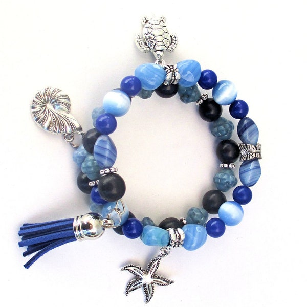 Blue Ocean Charm Bracelet with Silver Nautilus Shell Turtle Starfish and Tassel, Beach Lover Gift Mom Wife Girlfriend, One Size Fits Most