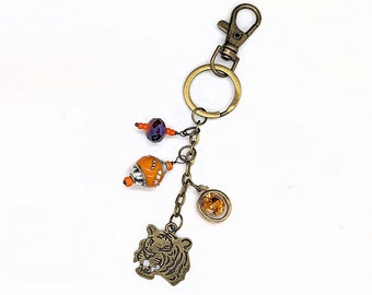 Bronze Tiger Keychain with Orange Beads and Bronze Chain / Purse Jewelry Charm for Handbag Backpack Planner Bag Swag / Tiger Fans Gift / 5in