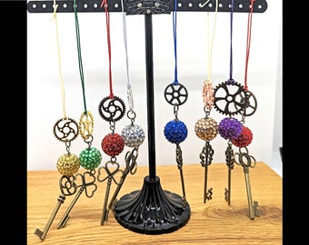 Eight Steampunk Christmas Ornaments with Key Charms and Glittery Beads // Handmade Xmas Decorations for the Tree // Party Hostess Gifts