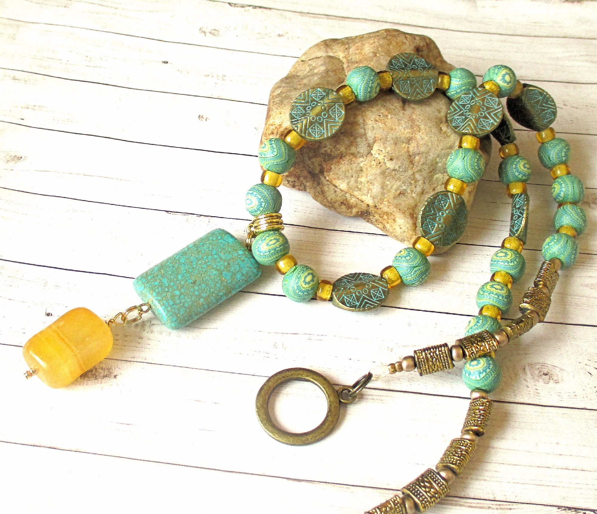 Green Turquoise Pendant Necklace, Turquoise and Gold Jewelry, Tribal