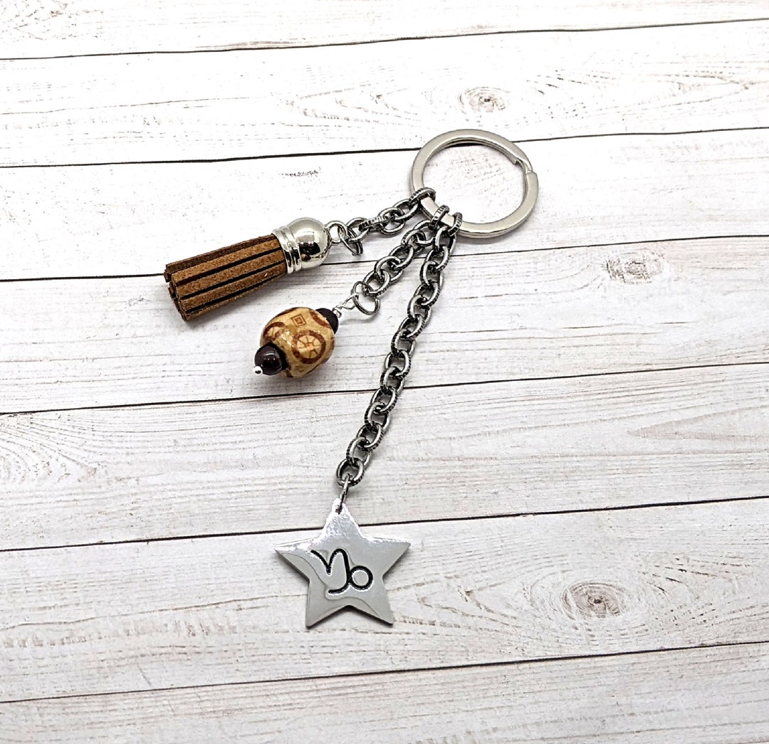Capricorn Zodiac Keychain, Silver Key Ring With Tassel, Garnet and Wood ...