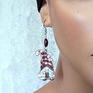 Coffee Bean Gnome Earrings on life-size model