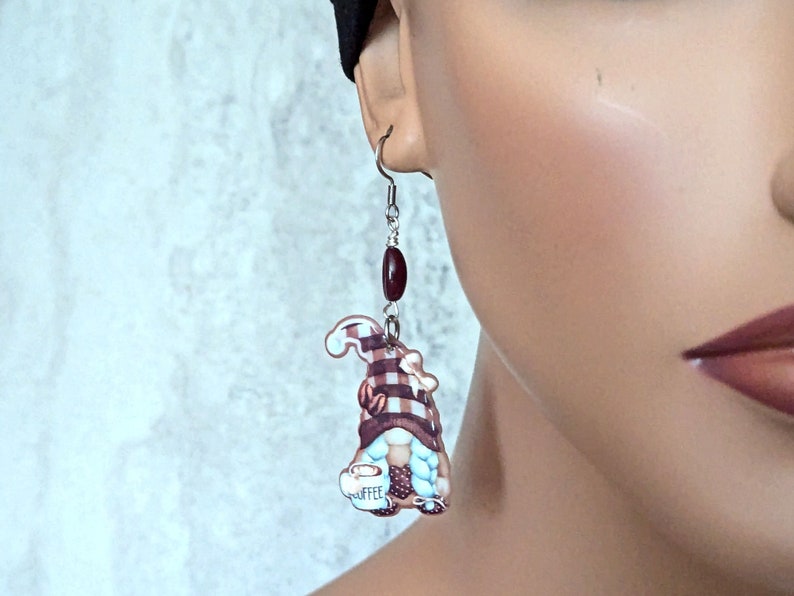 Coffee Bean Gnome Earrings on life-size model