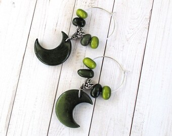 Dark Green Tagua Nut Crescent Moon Earrings with Avocado Kiwi Pine Green Beads on Silver Plated Hoops, 2-1/4in, Matching Necklace Available