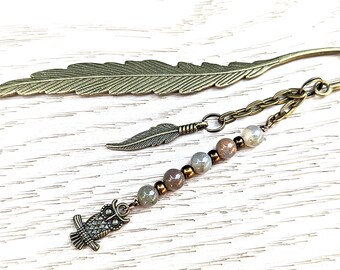 Bronze Feather Bookmark with Owl and Feather Charms, Book Accessories for Teacher Librarian, Gift for Teen Student Bookworm Reader, 4-3/4in