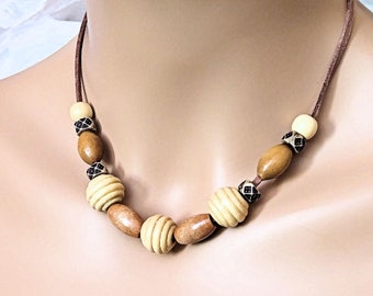 Brown Beige Wood Necklace on Suede Cord, Tribal Faux Leather Jewelry, Big Bead Rustic Boho Style Unisex Lightweight Necklace, up to 28in