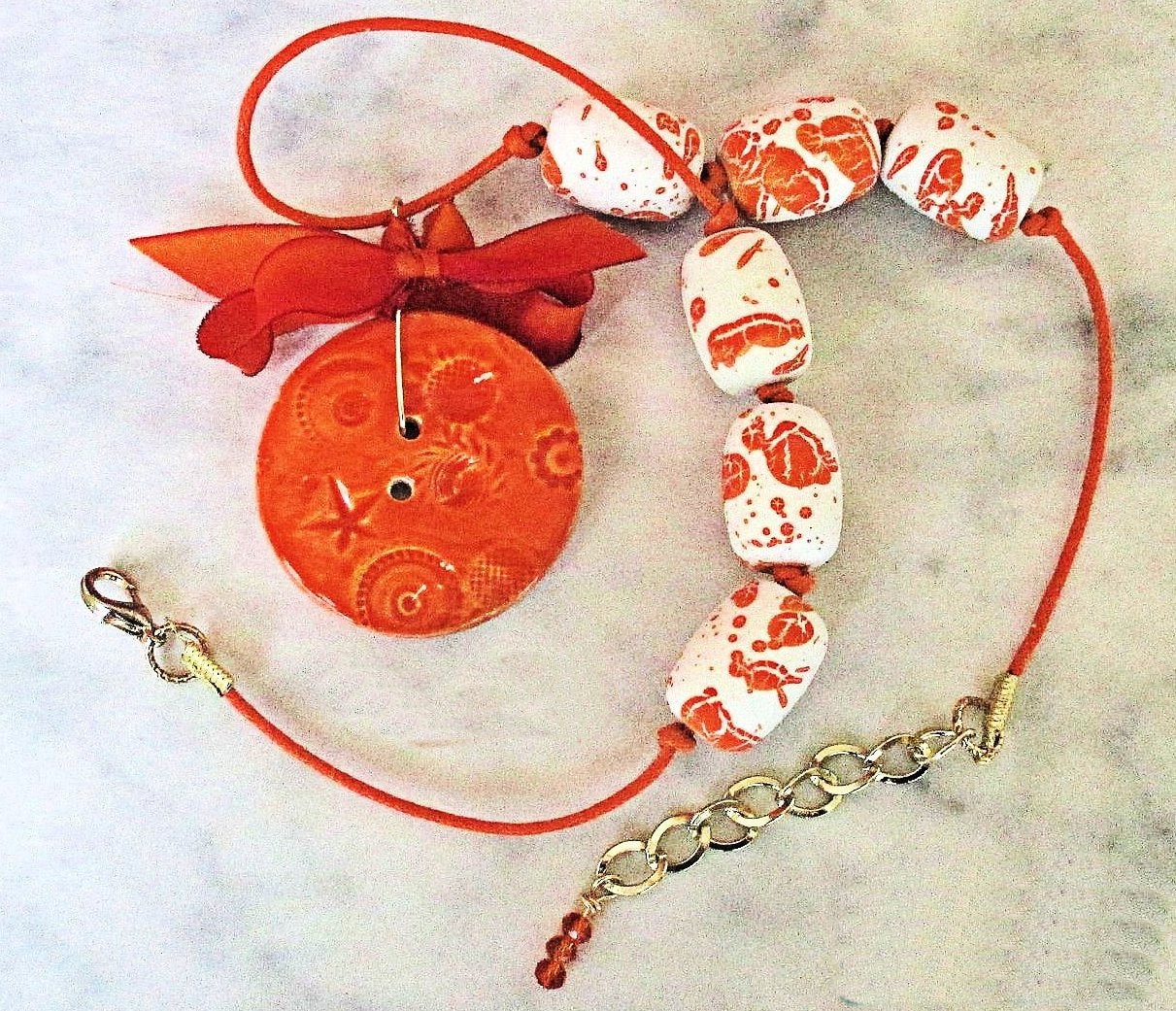 Button Pendant Necklace, Button Jewelry, Orange White