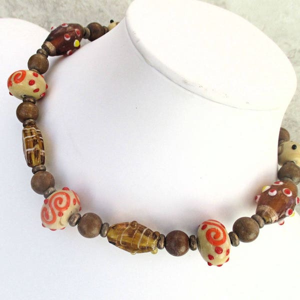 Orange Brown India Bead Necklace, Short Chunky Kashmiri Bead Choker, Gemstone Jewelry Gift, 15in or longer / Matching Earrings Available