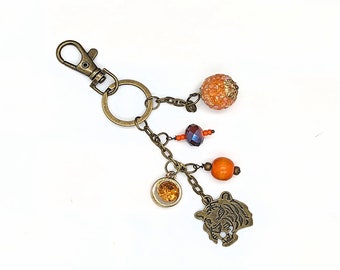 Bronze Tiger Bag Swag Keychain with Orange Beads and Bronze Chain for Handbag Purse Backpack Planner / Tiger Fans Gift / 5in