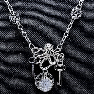 Silver Steampunk Style Octopus Chain Necklace with Gears Keys Pocketwatch Charms, Octopus Necklace, Steampunk Necklace, Custom Length
