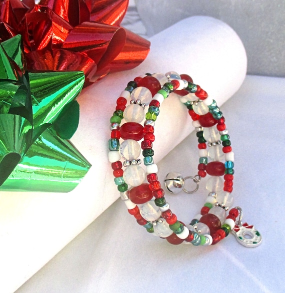 Jingle Bell Stretch Bracelet Red Green Silver Winter Holiday Christmas  Santa