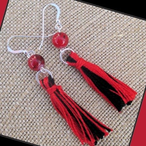 Red Black Tassel Earrings with .925 Sterling Silver Filled Hooks and Handmade Cotton Tassels, Colorful Tassel Jewelry for Women 2-3/4in image 1