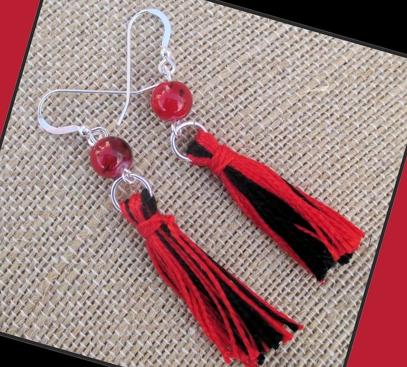 Red Black Tassel Earrings with .925 Sterling Silver Filled Hooks and Handmade Cotton Tassels, Colorful Tassel Jewelry for Women 2-3/4in image 1