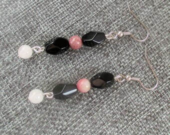 Pink Gemstone Earrings with Rose Quartz and Rhodonite, Pink and Black Jewelry, Special Occasion Gift 2-1/2in / Matching Bracelet Available