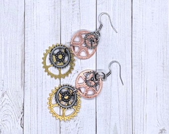 Steampunk Gear Earrings with Copper Gold and Gunmetal Cogs and Stainless Steel Hooks, Mixed Metal Industrial Theme, 2.5in