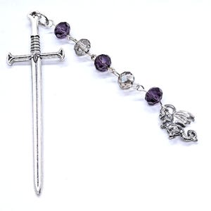 Dragon Charm Bookmark with Silver Sword and Wire Wrapped Purple and Gray Crystals | Fantasy Book Lover Gift | 3D Sword Page Marker