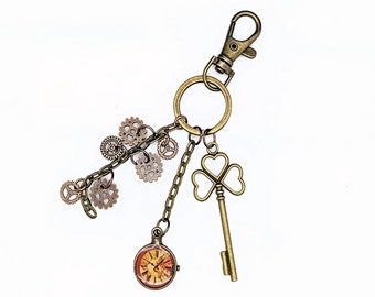 Steampunk Keychain Purse Charm with Gears Skeleton Key and Clock Charm for Handbag Backpack / Industrial Cogs Bag Swag Tote Planner Charm