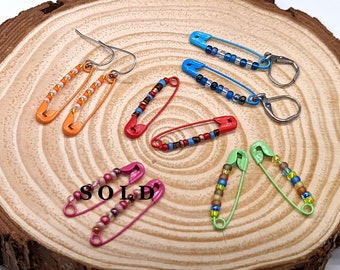 Colorful Safety Pin Earrings, Novelty Jewelry, Festive Funky Fun Earrings, Cute Quirky Earrings Girls, Choose Color and Ear Wire, 1-1/2in